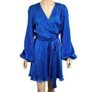 Bardot Belissa Pleat Dress Shine Blue Size Medium Wrap Balloon‎ Sleeves